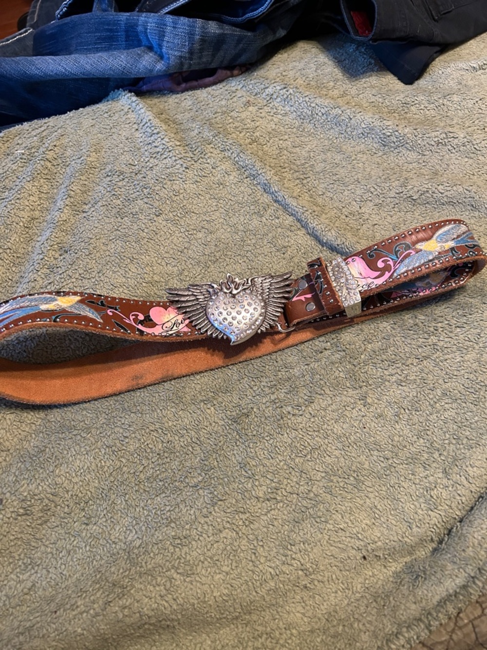 Girls' Brown Leather Belt with Pink Floral Accent and Heart Wing Buckle